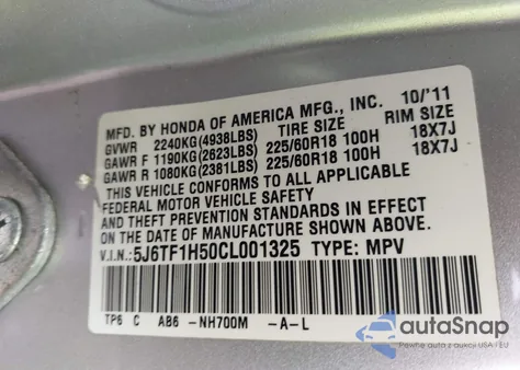 2012 Honda Crosstour Ex-L from USA, damaged, VIN 5J6TF1H50CL001325